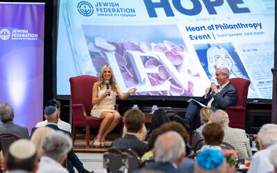 Journalist Jacki Karsh talks with Rabbi Danny Schiff at the Jewish Federation of Greater Pittsburgh's Heart of Philanthropy event for Lev Society. (Photo provided by the Jewish Federation of Greater Pittsburgh)