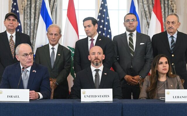 Israeli Ambassador to the US Yechiel Leiter (front left) speaks during a signing ceremony hosted by US Secretary of State Marco Rubio (center, back) in Washington, DC, on June 26, 2026. (SAUL LOEB / AFP)