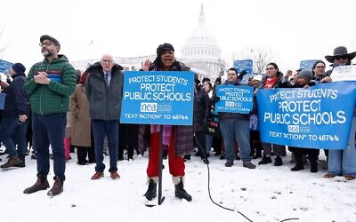 Members of the National Education Association and allies in Congress rally outside Secretary of Education nominee Linda McMahon’s confirmation hearing on February 12, 2025 in Washington, D.C. (Paul Morigi/Getty Images for National Education Association)