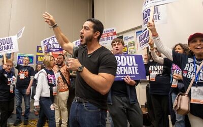 Abdul El-Sayed campaigns for the U.S. Senate at the Michigan Democratic Nominating Convention in Detroit, Michigan, April 19, 2026. (Jim West/UCG/Universal Images Group via Getty Images)