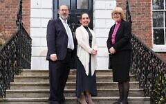 May 14, 2026. LONDON. Archbishop of Canterbury Dame Sarah Mullally is greeted by Rabbi Charley Baginsky (center) and Rabbi Josh Levy as she arrives for a visit to the to Sternberg Centre to meet with the Jewish community in Finchley in a demonstration of solidarity following the recent antisemitic attacks in London. (Jonathan Brady/PA Images via Getty Images)