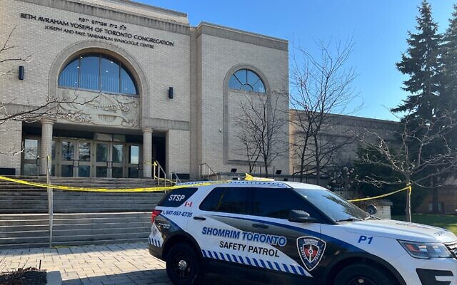 A Shomrim Toronto Jewish Safety Patrol vehicle is parked under police tape outside the Beth Avraham Yoseph of Toronto (BAYT) synagogue following gunshots fired at the building in Vaughan, Ontario, Canada, on April 9, 2026. (Creative Touch Imaging Ltd./NurPhoto) A Shomrim Toronto Jewish Safety Patrol vehicle is parked under police tape outside the Beth Avraham Yoseph of Toronto (BAYT) synagogue following gunshots fired at the building in Vaughan, Ontario, Canada, on April 9, 2026. (Creative Touch Imaging Ltd./NurPhoto)
