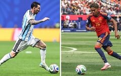 Argentina's star Lionel Messi, left, in Atlanta on Jul. 7, 2026, and Spain's star Lamine Yamal in Inglewood on Jul. 2, 2026. Spain and Argentina will meet in the 2026 World Cup football tournament final match at the New York/New Jersey Stadium in East Rutherford on July 19, 2026. (Roberto Schmidt and Etienne Laurent / AFP via Getty Images)