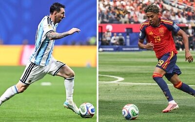 Argentina's star Lionel Messi, left, in Atlanta on Jul. 7, 2026, and Spain's star Lamine Yamal in Inglewood on Jul. 2, 2026. Spain and Argentina will meet in the 2026 World Cup football tournament final match at the New York/New Jersey Stadium in East Rutherford on July 19, 2026. (Roberto Schmidt and Etienne Laurent / AFP via Getty Images)