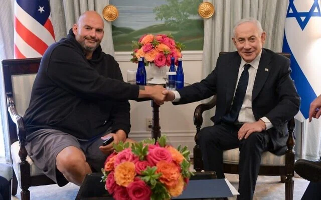 This handout photo shows Prime Minister Benjamin Netanyahu meeting with U.S. Sen. John Fetterman. at Blair House in Washington, D.C., on July 29, 2026. (Ma’ayan Toaf/GPO)