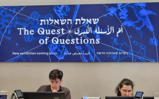 Rare manuscripts and scientific works are displayed in The Quest of Questions—Unlocking the Secrets of the Universe exhibition at the National Library of Israel in Jerusalem, July 22, 2026. (Photo by Sharon Altshul)