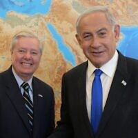 Sen. Lindsey Graham (L) meets with Israeli Prime Minister Benjamin Netenyahu (R) in Jerusalem on April 17, 2023. (GPO/Anadolu Agency via Getty Images)