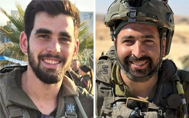 Maj. Yuval Ezra, 27, and Master Sergeant (res.) Benayahu Mellet, 32, who were killed in a West Bank gunfight on July 24, 2026. (Courtesy photo via The Times of Israel)