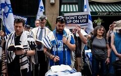 Jews held a Tisha B'av protest opposing Israeli government moves they said curbed democracy, outside the Israeli consulate in Manhattan, July 26, 2023. (Luke Tress)
