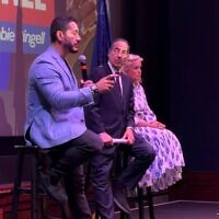 (L-r) Abdul El-Sayed, Michigan's Democratic candidate for U.S. Senate, joins Maryland U.S. Rep. Jamie Raskin and Michigan U.S. Rep. Debbie Dingell for a town hall in Ann Arbor, Mich., Aug. 26, 2026. (Andrew Lapin/JTA)