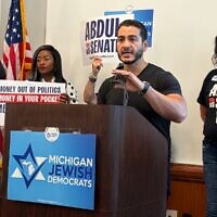 Michigan Democratic U.S. Senate candidate Abdul El-Sayed addresses the state's Jewish Democratic Caucus during the party's nominating convention in Lansing, Mich., Aug. 29, 2026. During the meeting, El-Sayed apologized for earlier comments he had made about an attack on a synagogue in the state, in which he had said, "Hurt people hurt people." (Andrew Lapin/JTA)