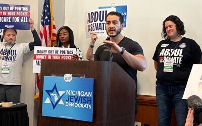 Michigan Democratic U.S. Senate candidate Abdul El-Sayed addresses the state's Jewish Democratic Caucus during the party's nominating convention in Lansing, Mich., Aug. 29, 2026. During the meeting, El-Sayed apologized for earlier comments he had made about an attack on a synagogue in the state, in which he had said, "Hurt people hurt people." (Andrew Lapin/JTA)