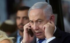 Prime Minister Benjamin Netanyahu speaks on the phone on September 04, 2019. (Lior Mizrahi/Getty Images)