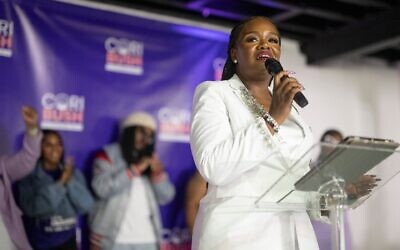 Former U.S. Rep. Cori Bush prepares to deliver her concession speech on August 6, 2024, in St Louis. (Michael B. Thomas/Getty Images)