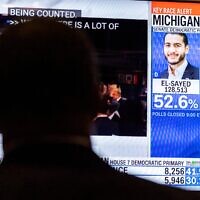 Early results are broadcast at a primary night watch party for U.S. Rep. Haley Stevens at the Hotel Saint Regis Detroit on August 4, 2026 in Detroit, Michigan.  (Finn Gomez/Getty Images)