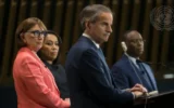 Rafael Mariano Grossi (front), Rebeca Grynspan (left), Carolyn Rodrigues-Birkett (second from left) and Macky Sall, candidates for the position of next U.N. secretary-general, during a town hall debate at the U.N. headquarters in New York City, July 23, 2026. (Credit: Mark Garten/UN Photo)