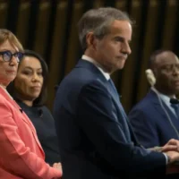 Rafael Mariano Grossi (front), Rebeca Grynspan (left), Carolyn Rodrigues-Birkett (second from left) and Macky Sall, candidates for the position of next U.N. secretary-general, during a town hall debate at the U.N. headquarters in New York City, July 23, 2026. (Credit: Mark Garten/UN Photo)