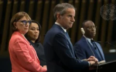 Rafael Mariano Grossi (front), Rebeca Grynspan (left), Carolyn Rodrigues-Birkett (second from left) and Macky Sall, candidates for the position of next U.N. secretary-general, during a town hall debate at the U.N. headquarters in New York City, July 23, 2026. (Credit: Mark Garten/UN Photo)