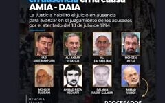 A wanted poster created by AMIA and DAIA, two Argentinian Jewish umbrella groups, features images of the seven Iranians and one Lebanese alleged to have helped carry out the 1994 AMIA bombing. (Courtesy)