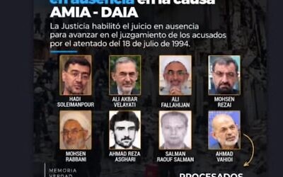 A wanted poster created by AMIA and DAIA, two Argentinian Jewish umbrella groups, features images of the seven Iranians and one Lebanese alleged to have helped carry out the 1994 AMIA bombing. (Courtesy)