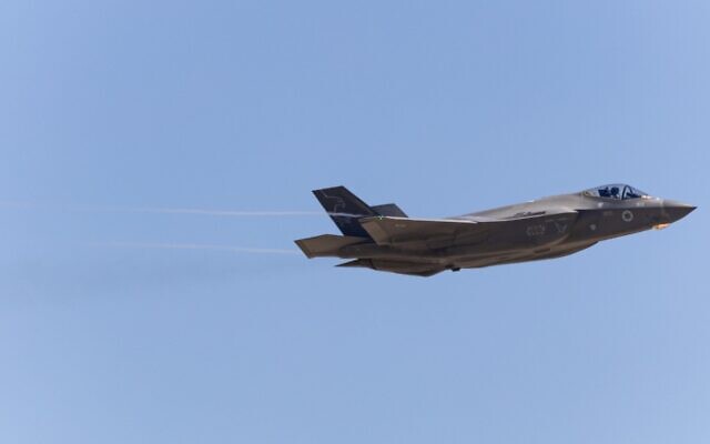 Israeli Air Force Lockheed Martin F35 "Adir" performs maneuvers as part of Israel’s 75th Independence Day celebrations. (Yan Khachko/SOPA Images/LightRocket via Getty Images)