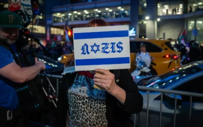 Illustrative: An anti-Zionist protester in New York City, May 5, 2026. (Luke Tress/Times of Israel)