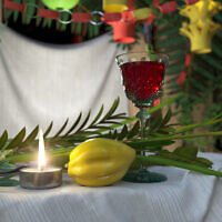 Symbols of the Jewish holiday Sukkot with candle and wine glass (Photo by denisgo via iStock)