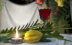 Symbols of the Jewish holiday Sukkot with candle and wine glass (Photo by denisgo via iStock)