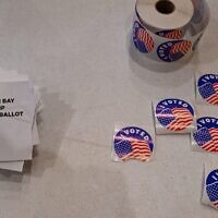Voting stickers at a polling station in Green Bay, Wisconsin, April 2, 2024. (Joshua Lott/The Washington Post via Getty Images)