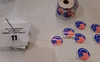 Voting stickers at a polling station in Green Bay, Wisconsin, April 2, 2024. (Joshua Lott/The Washington Post via Getty Images)