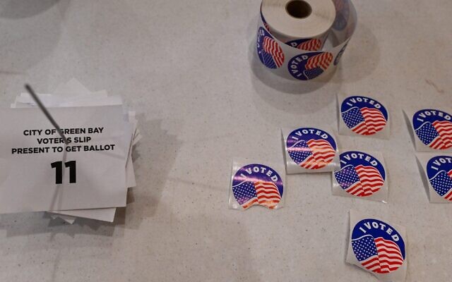 Voting stickers at a polling station in Green Bay, Wisconsin, April 2, 2024. (Joshua Lott/The Washington Post via Getty Images)