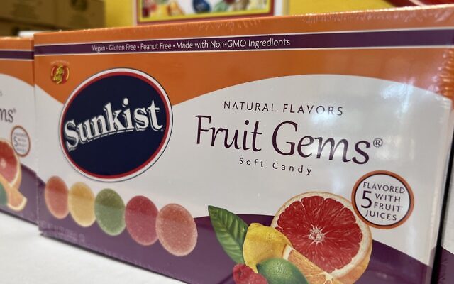 Close-up of Sunkist Fruit Gems candy packaging on display, Fairfield, California, August 2024. (Smith Collection/Gado/Getty Images)