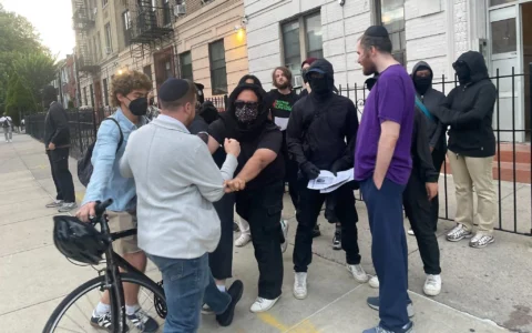 Protesters from Crown Heights Bites Back shove a Jewish man at a rally in Crown Heights, Brooklyn, August 19, 2025. (Luke Tress/Times of Israel)