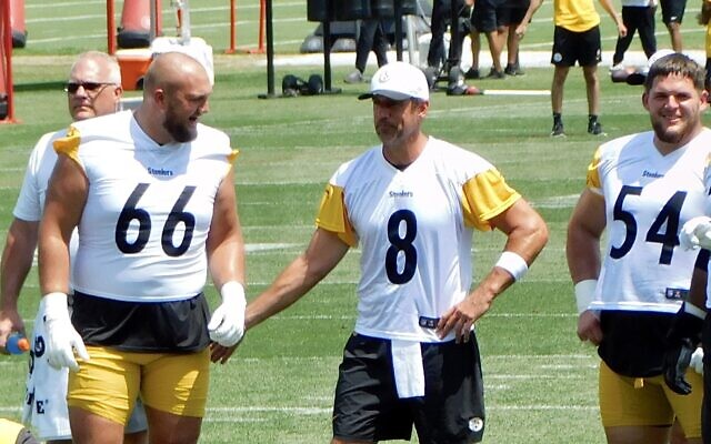 Aaron Rodgers at Steelers' training camp in 2025 (Photo by Cramerwiki, CC0, via Wikimedia Commons)