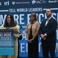 Devorah Halberstam, whose son Ari was killed in a terror attack in 1994, addresses the crowd at a rally outside the United Nations. (Jackie Hajdenberg)