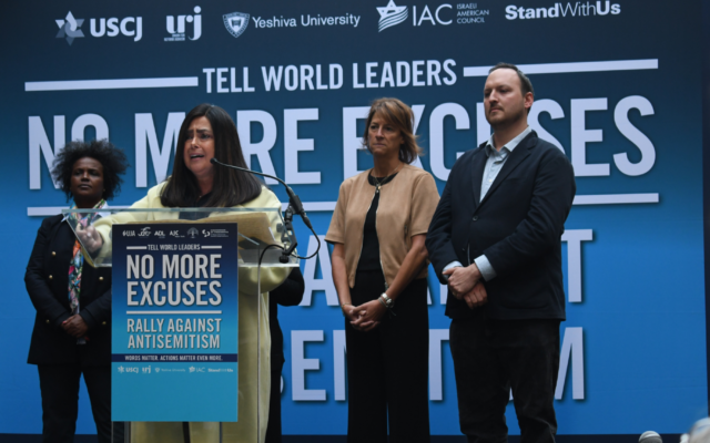 Devorah Halberstam, whose son Ari was killed in a terror attack in 1994, addresses the crowd at a rally outside the United Nations. (Jackie Hajdenberg)