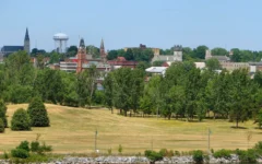 The skyline of downtown Belleville, Ontario, on the eastern end of Lake Ontario, July 2011. (Credit: P199 via Wikimedia Commons)