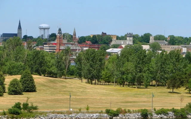 The skyline of downtown Belleville, Ontario, on the eastern end of Lake Ontario, July 2011. (Credit: P199 via Wikimedia Commons)