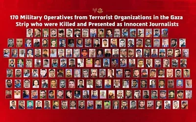 A composite of 170 Gazans who, according to the IDF, were identified as journalists but who were in fact members of terror groups, October 1, 2026. (Israel Defense Forces)