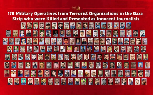 A composite of 170 Gazans who, according to the IDF, were identified as journalists but who were in fact members of terror groups, October 1, 2026. (Israel Defense Forces)