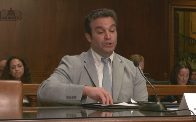 Jewish Federation of Greater Pittsburgh’s Dovid Knoll testified before a Sept. 24 Pennsylvania Senate Republicans public hearing on antisemitism in Harrisburg. (Screenshot by David Rullo) Jewish Federation of Greater Pittsburgh’s Dovid Knoll testified before a Sept. 24 Pennsylvania Senate Republicans public hearing on antisemitism in Harrisburg. (Screenshot by David Rullo)