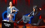 Sally Rooney, left, promotes her novel "Intermezzo" at London’s Southbank Centre, Sept. 25, 2024.  Moderator Merve Emre is at right. (Faber & Faber via X)
