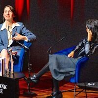 Sally Rooney, left, promotes her novel "Intermezzo" at London’s Southbank Centre, Sept. 25, 2024.  Moderator Merve Emre is at right. (Faber & Faber via X)