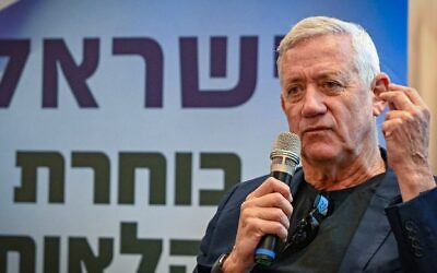 Blue and White party chairman Benny Gantz attends an agriculture conference ahead of the upcoming general elections in Herzliya, Sept. 12, 2026. (Photo by Avshalom Sassoni/Flash90)