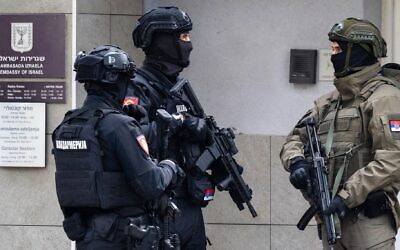 Members of Serbia's Gendarmerie stand guard at the entrance to the Israeli embassy in Belgrade, Oct. 28, 2026. (Andrej ISAKOVIC / AFP)