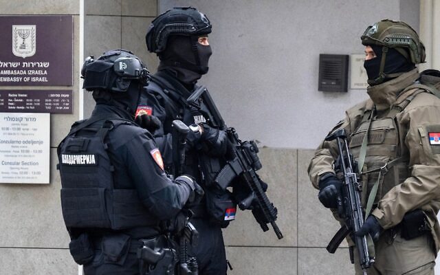 Members of Serbia's Gendarmerie stand guard at the entrance to the Israeli embassy in Belgrade, Oct. 28, 2026. (Andrej ISAKOVIC / AFP)