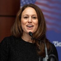 Halie Soifer, of the Jewish Democratic Council of America, speaks at the American Zionist Movement forum in Washington, D.C., on Dec. 12, 2018. (Michael Brochstein, SOPA Images/LightRocket/Getty Images)