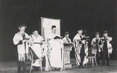 Photograph of religious services held by the First Podolier Independent Society on the occasion of the opening of the auditorium of the Irene Kaufmann Settlement House, c. 1928.  (Photo courtesy of the Rauh Jewish Archives)
