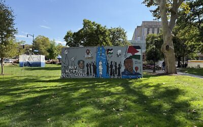 "The Apartheid Wall" was created in Schenley Plaza before an event created by Students for Justice in Palestine and other groups. (Photo provided to the Chronicle)