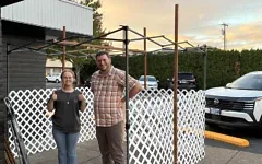 Rabbi Phil Bressler, of Beit Am in Corvallis, Ore., at the Oregon Hillel Foundation’s new sukkah after its previous one was stolen on either Sept. 28 or 29, 2026. (Credit: Courtesy of the Oregon Hillel Foundation)